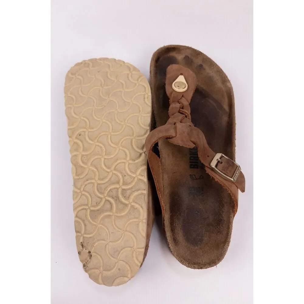 Birkenstock Gizeh Braided Oiled Leather Sandals Cognac Women's 38
